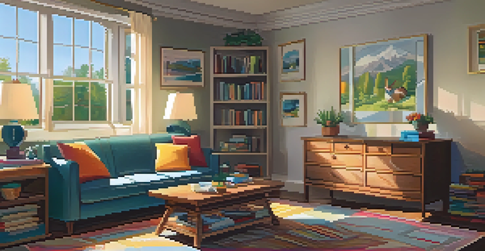 A cozy living room with a sofa, coffee table, and sunlight coming through a window, creating a warm atmosphere.