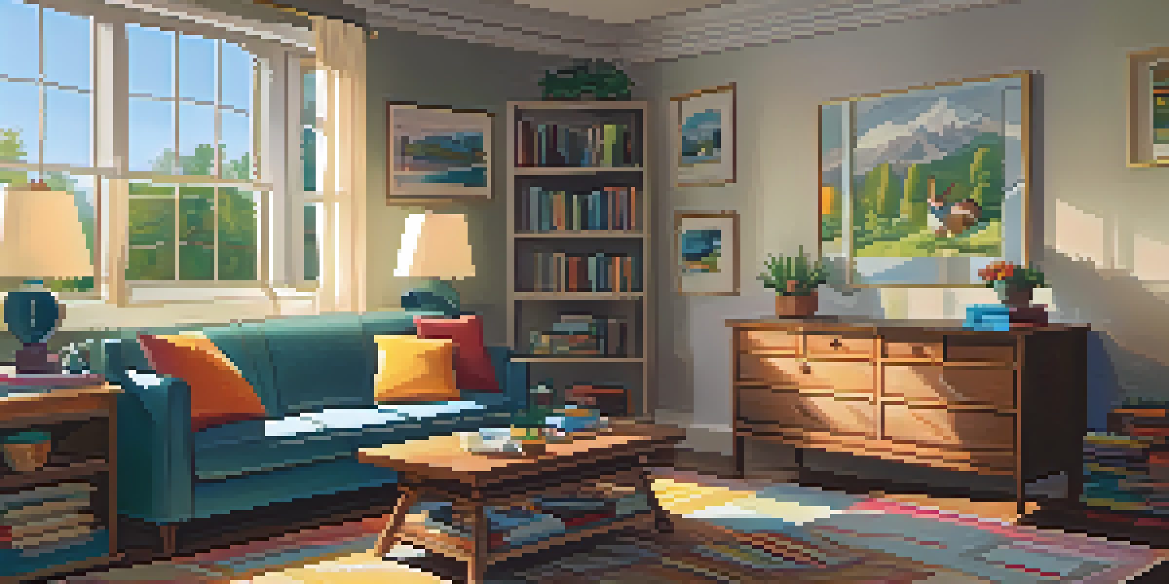 A cozy living room with a sofa, coffee table, and sunlight coming through a window, creating a warm atmosphere.