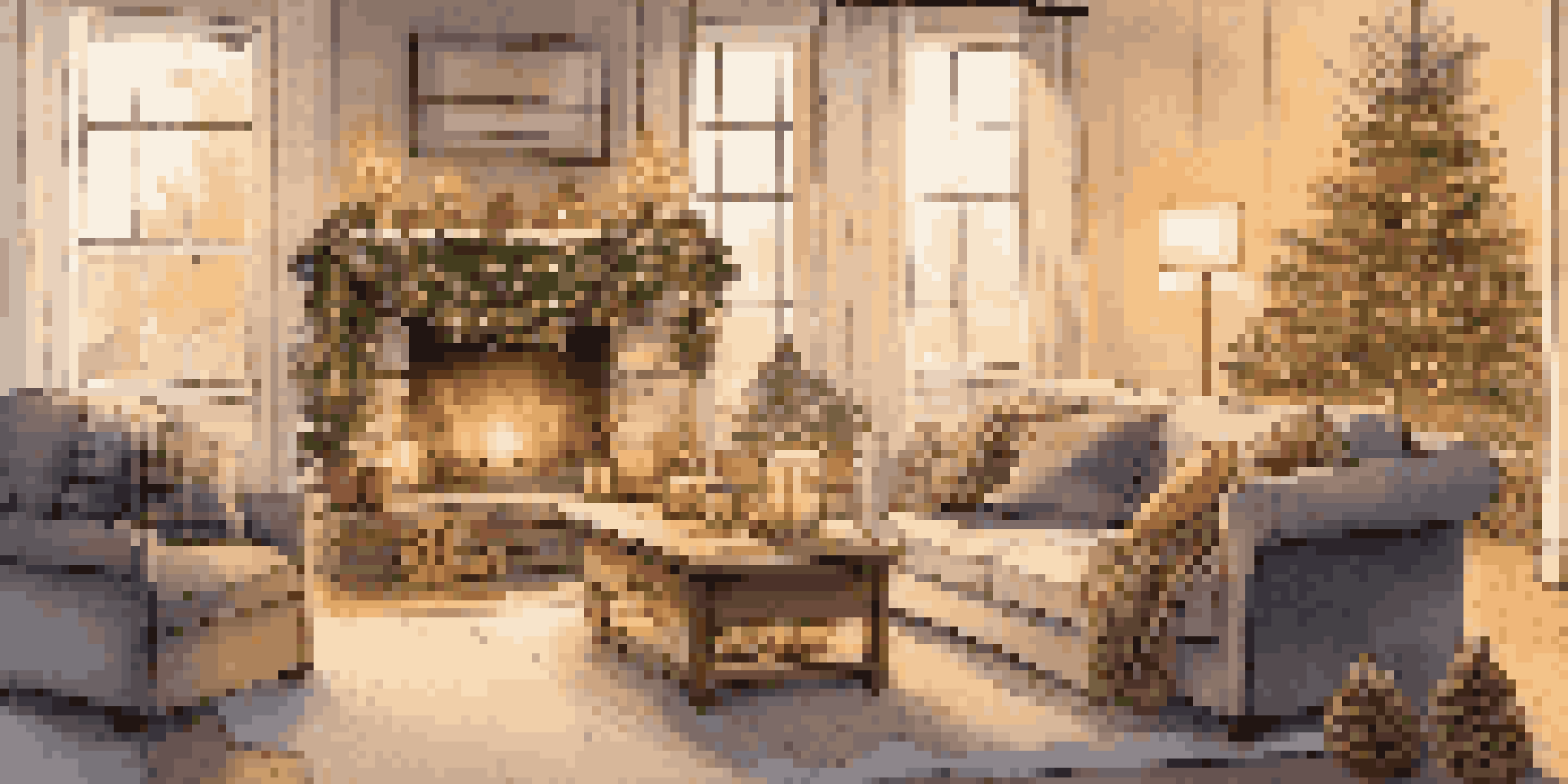 A warm and inviting winter living room decorated with pinecones, evergreen branches, and soft blankets, illuminated by twinkling LED lights.