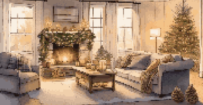 A warm and inviting winter living room decorated with pinecones, evergreen branches, and soft blankets, illuminated by twinkling LED lights.