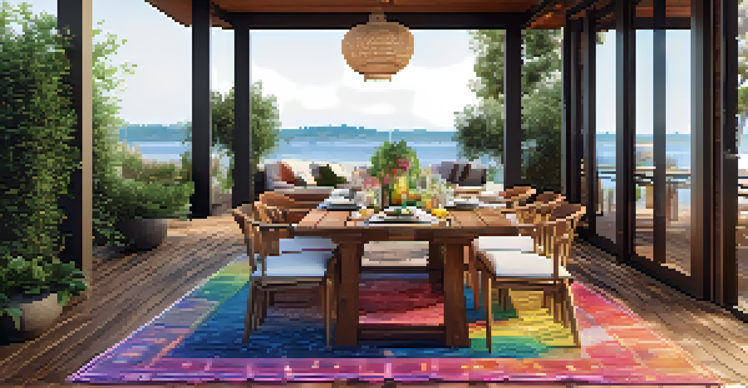 An outdoor dining area on a wooden deck with a dining table, chairs, and lanterns, surrounded by lush greenery.