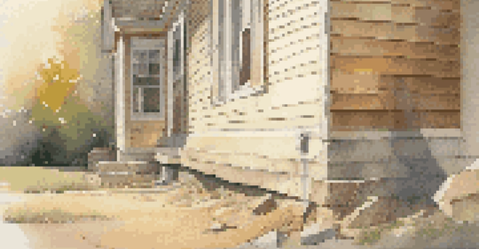 A home inspector closely examining a house's foundation, using a flashlight to check for cracks during sunset.