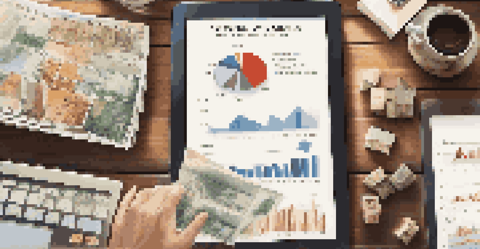 An organized desk view with miniature houses, a tablet showing market trends, and financial documents.