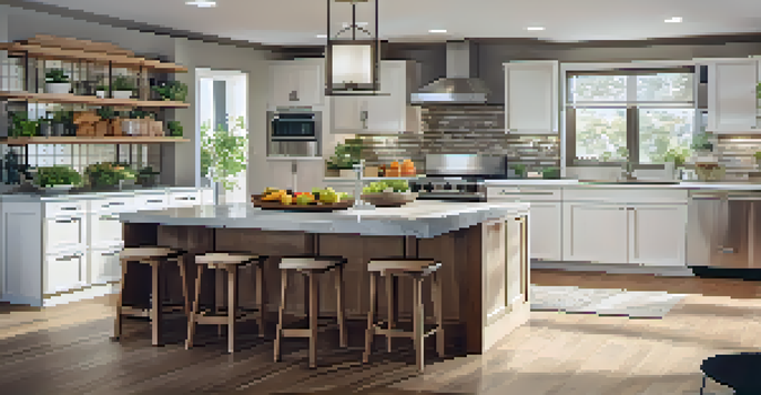 A modern kitchen with white and wooden cabinets, a large island with fresh fruits, and natural light coming through the window.
