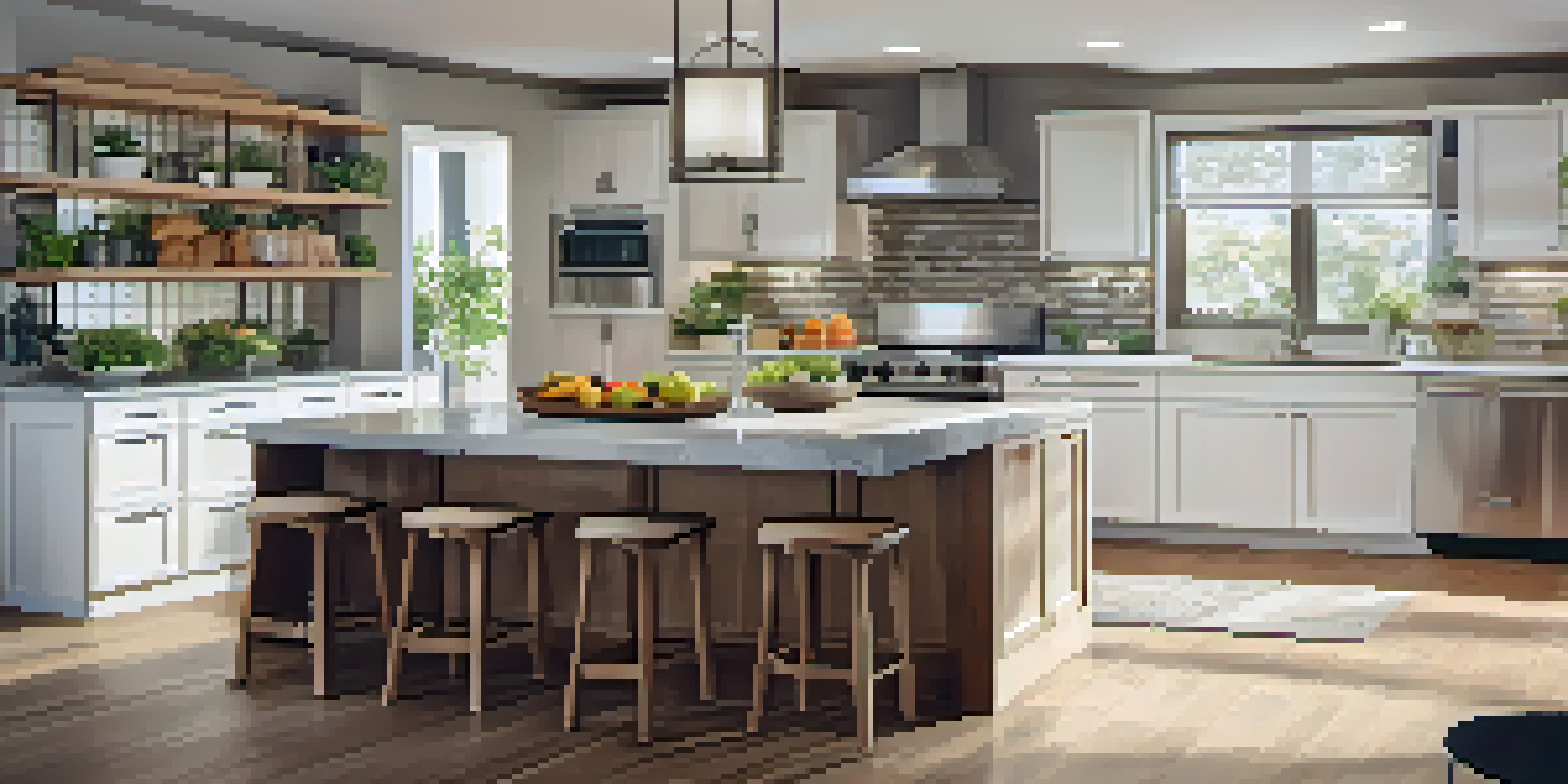 A modern kitchen with white and wooden cabinets, a large island with fresh fruits, and natural light coming through the window.