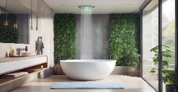 A modern bathroom with a low-flow showerhead, plants, and natural light.
