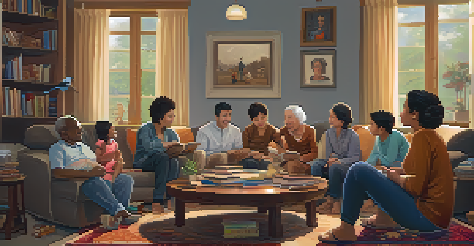 A diverse multi-generational family engaged in a lively discussion in a warmly lit living room.
