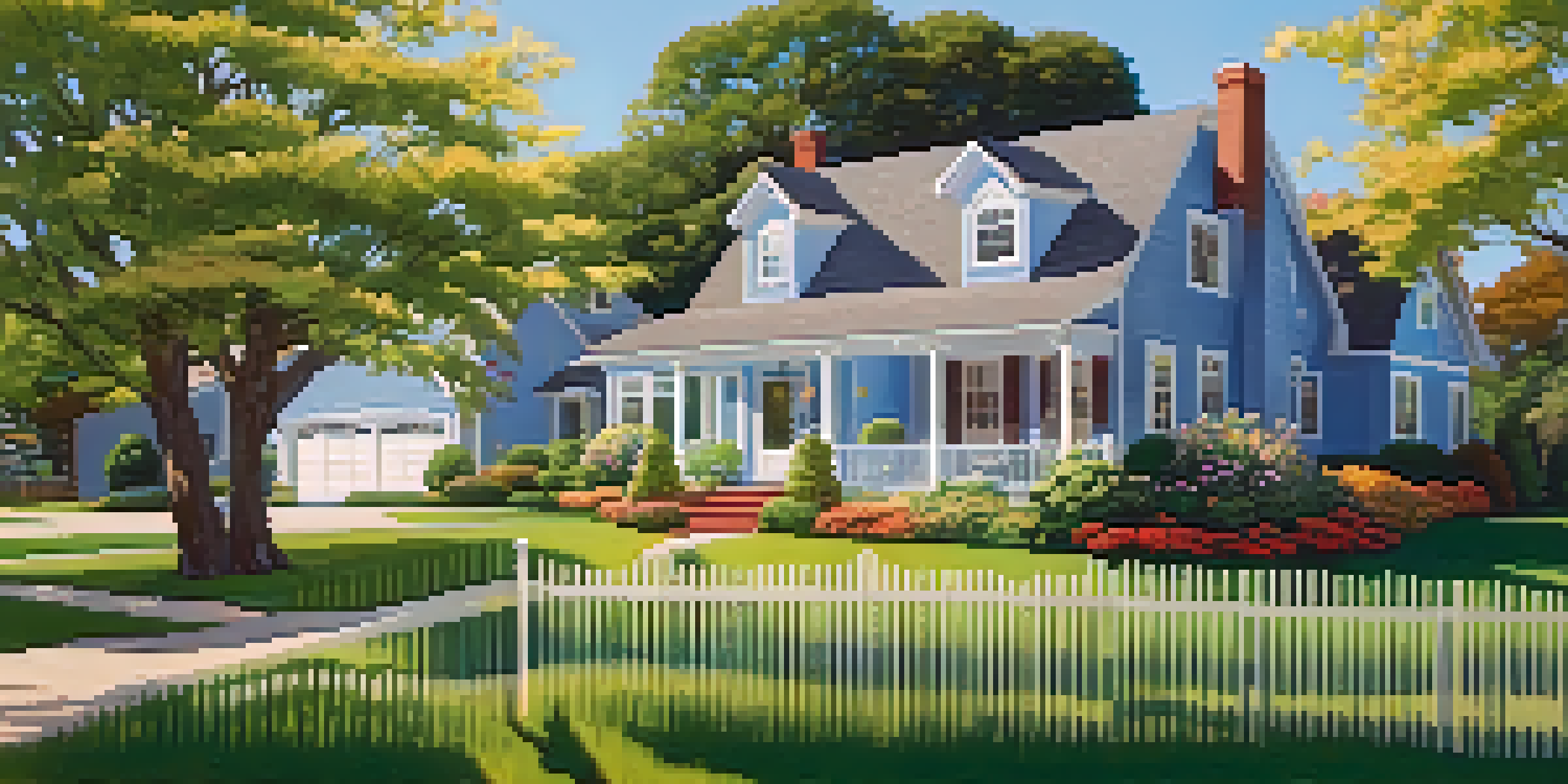 A picturesque suburban home with a manicured lawn and flowers, under a clear blue sky.