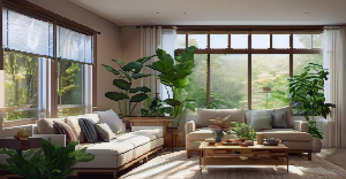 A bright and inviting living room with eco-friendly renovations, including large windows, bamboo furniture, and indoor plants.