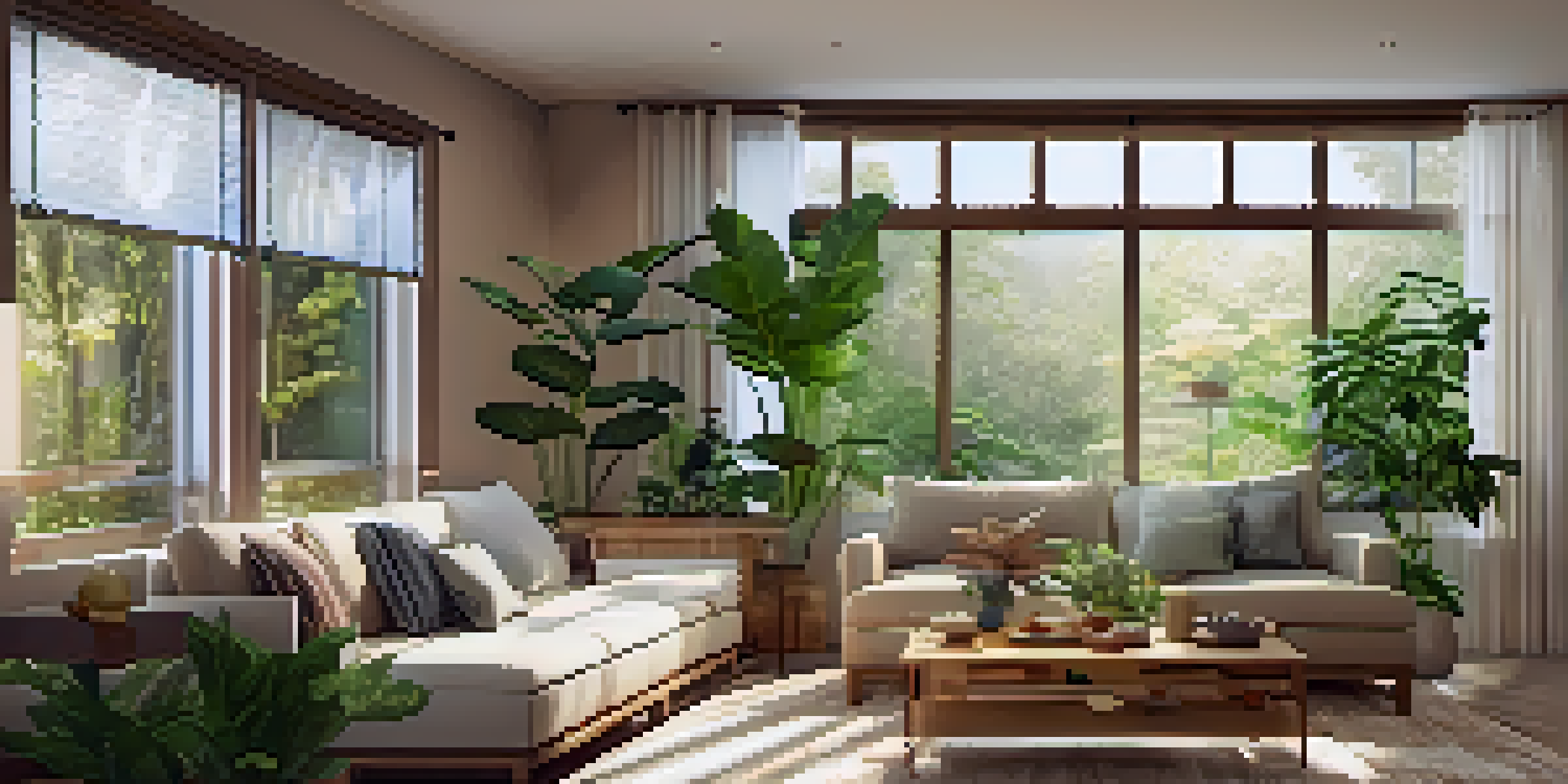 A bright and inviting living room with eco-friendly renovations, including large windows, bamboo furniture, and indoor plants.