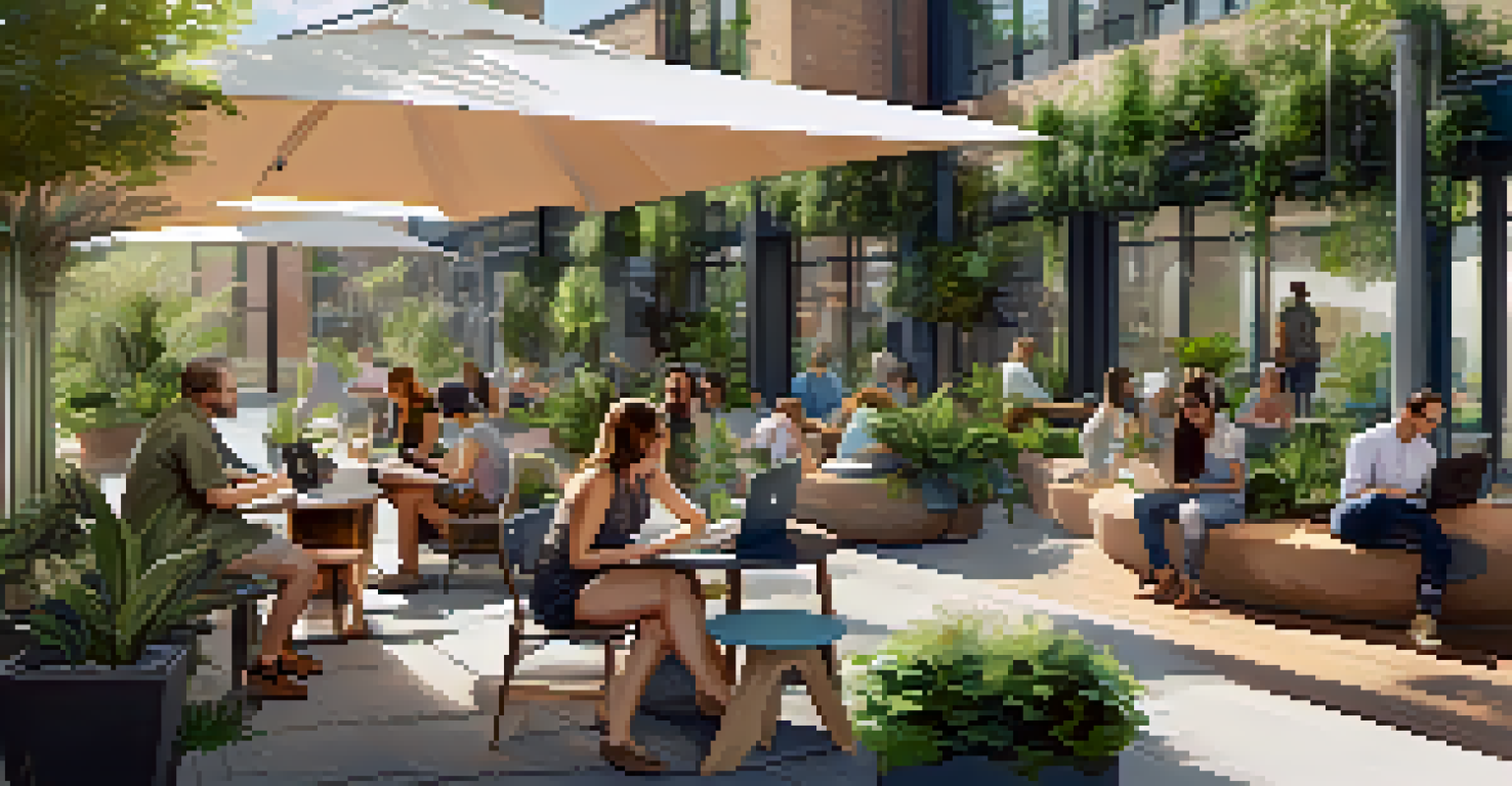 An outdoor co-working area with comfortable seating and greenery, where people are socializing and working on laptops.