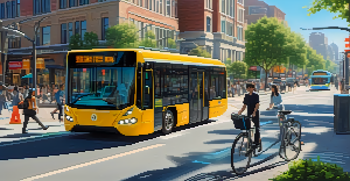 A busy city street filled with people, autonomous electric buses, bike-sharing stations, and smart traffic lights under a clear blue sky.