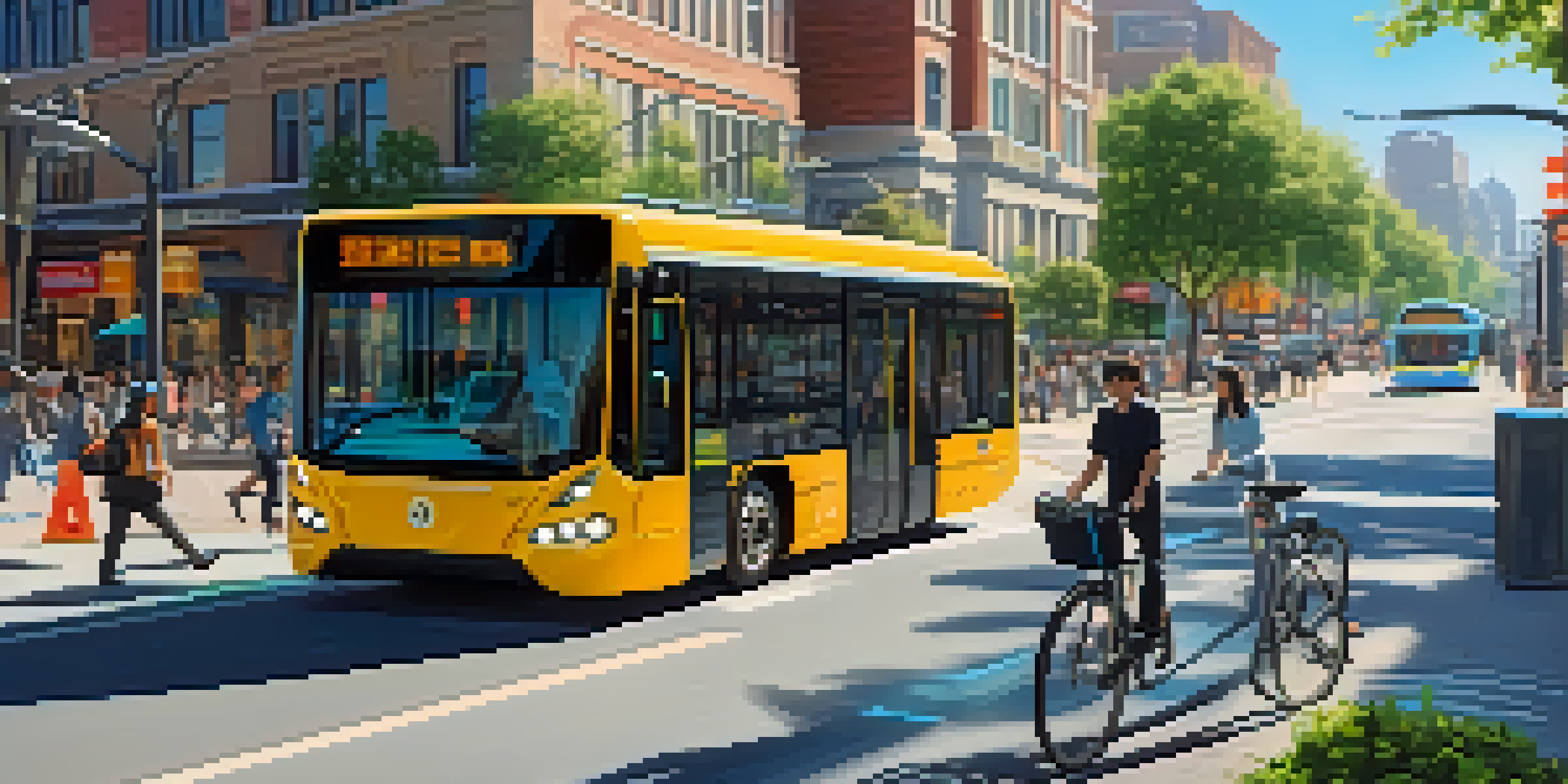 A busy city street filled with people, autonomous electric buses, bike-sharing stations, and smart traffic lights under a clear blue sky.