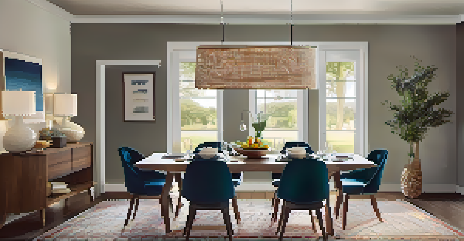 A stylish dining area featuring a table set for a meal with a table runner, vibrant napkins, and warm pendant lighting.