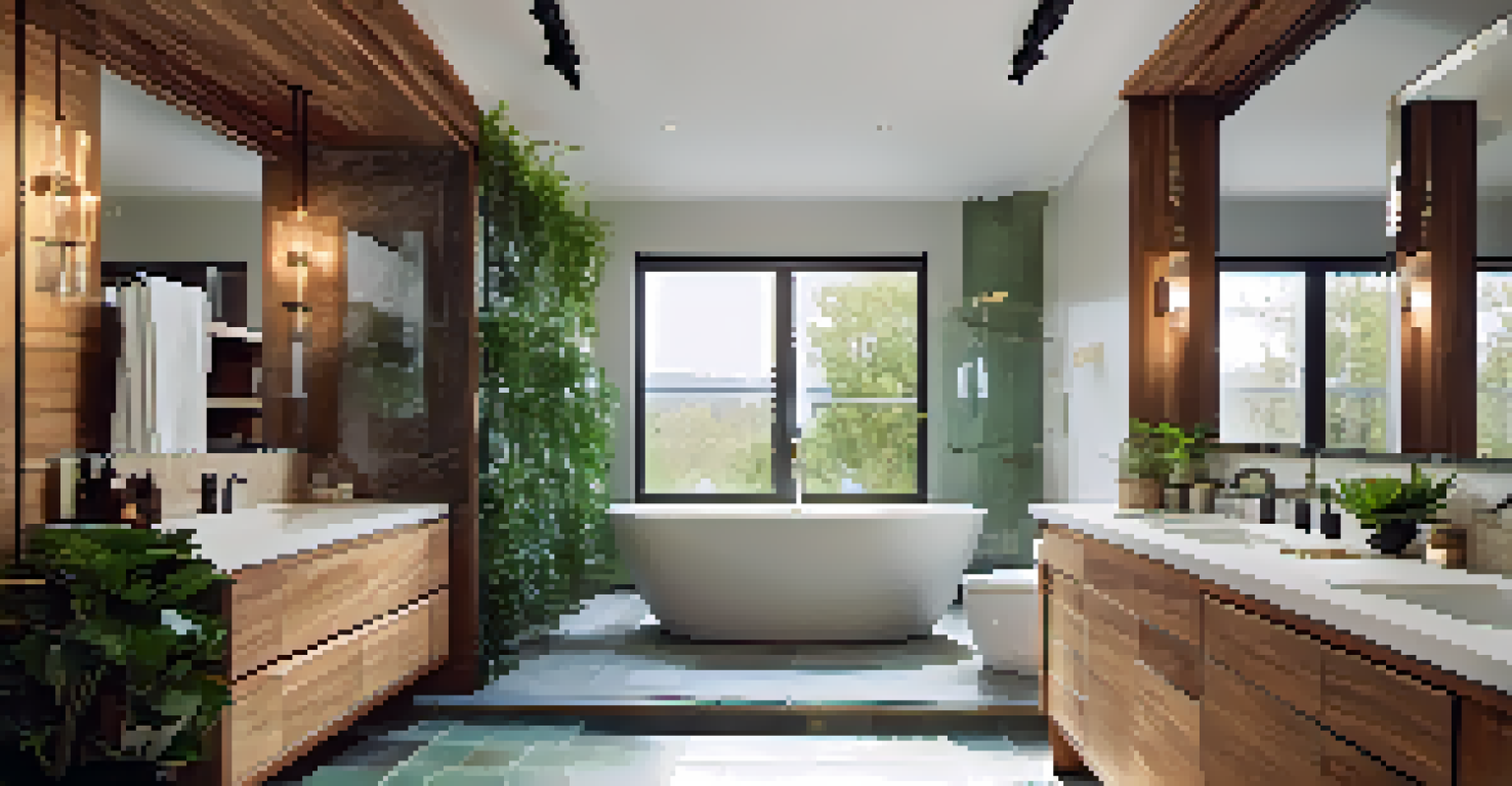 A stylish bathroom with reclaimed wood and recycled tiles, highlighted by LED lighting and a frosted glass window, featuring a central bathtub.