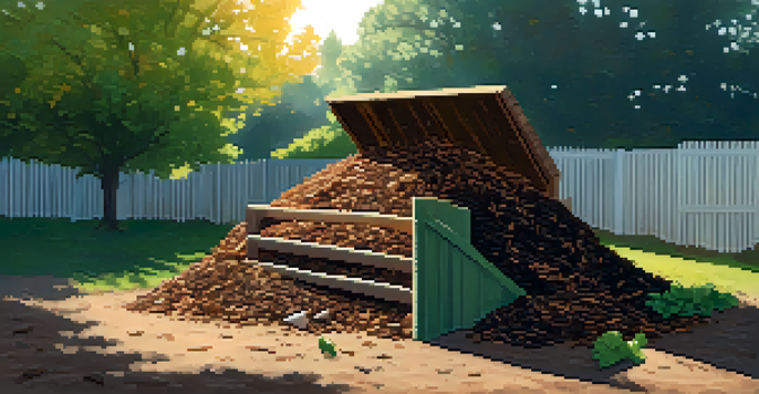 A sunny backyard with a colorful compost pile featuring layers of brown soil, green vegetable scraps, and dried leaves, with a wooden compost bin beside it.