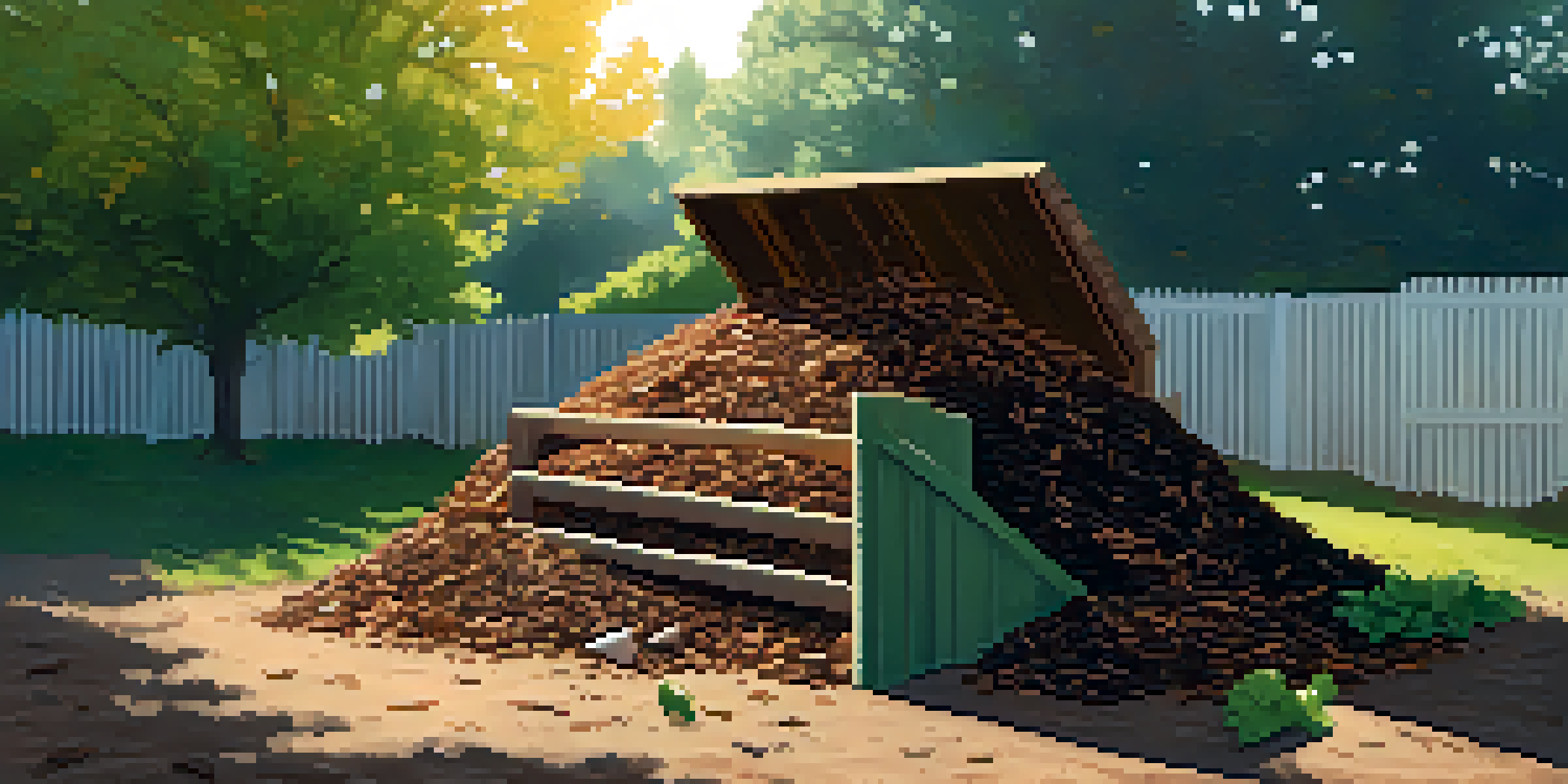 A sunny backyard with a colorful compost pile featuring layers of brown soil, green vegetable scraps, and dried leaves, with a wooden compost bin beside it.