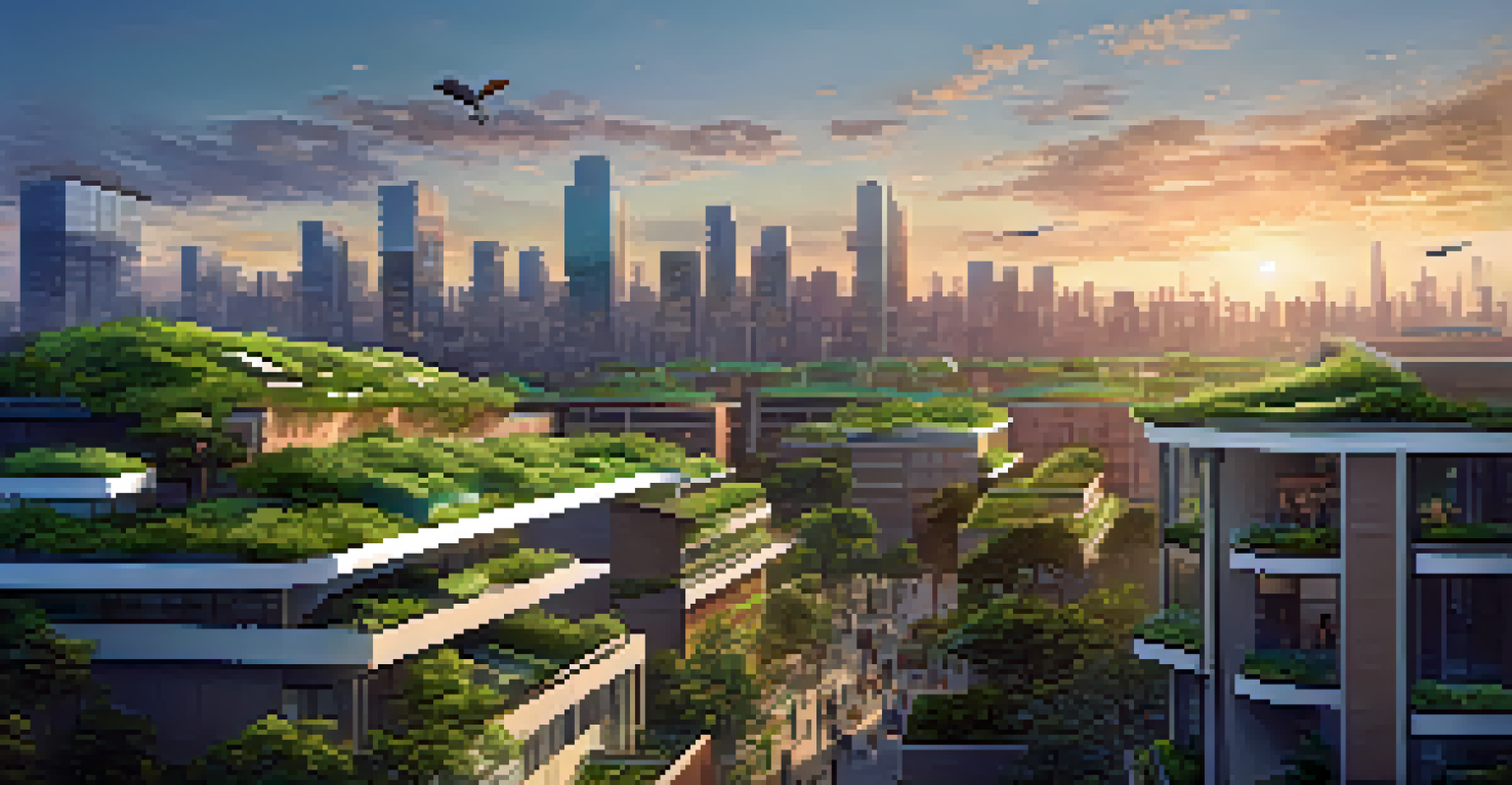 A city skyline at sunset with buildings having green roofs and solar panels, surrounded by lush vegetation.