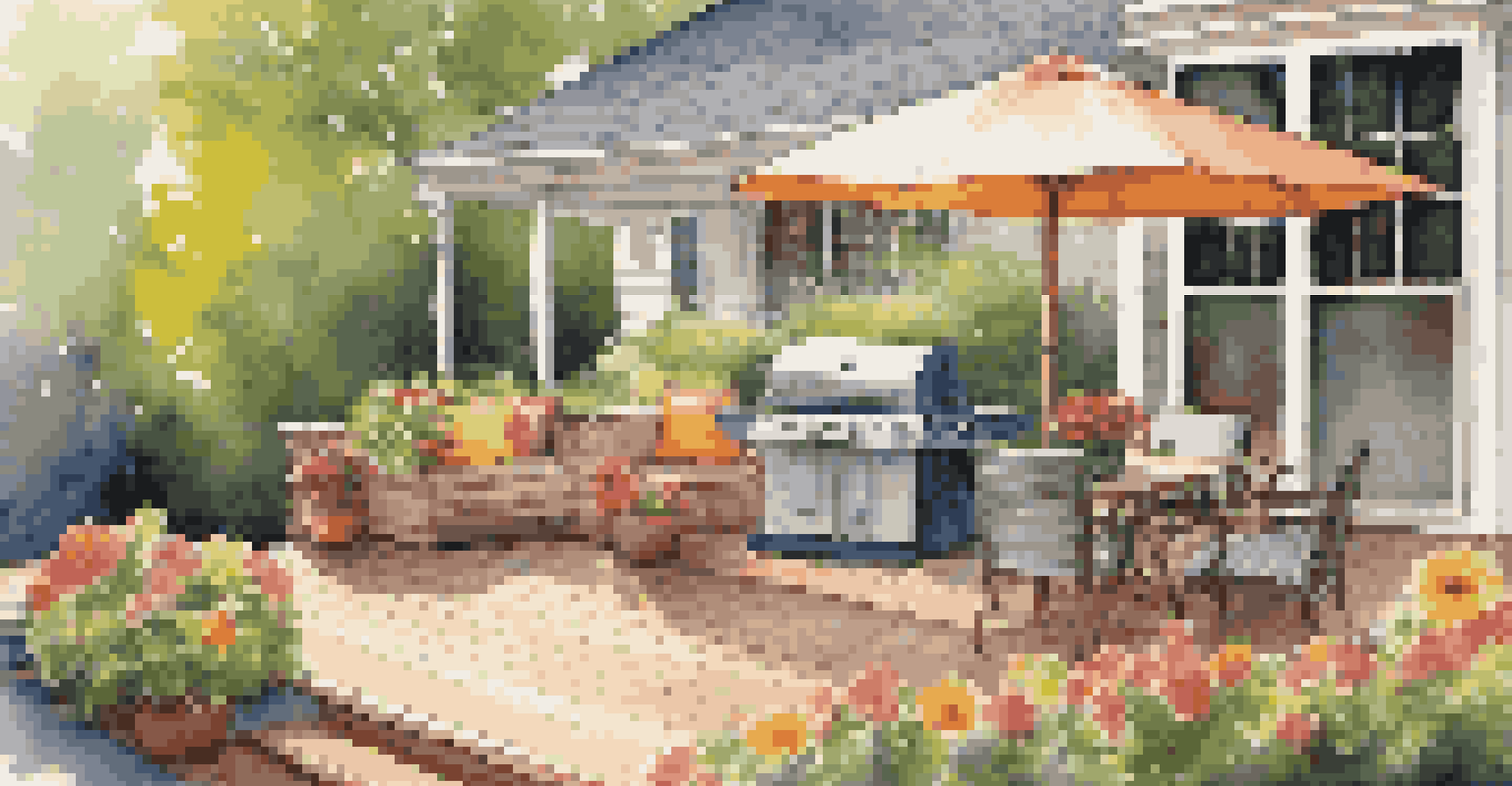 A summer patio with a wooden deck, colorful flowers, and seating, bathed in warm sunlight.