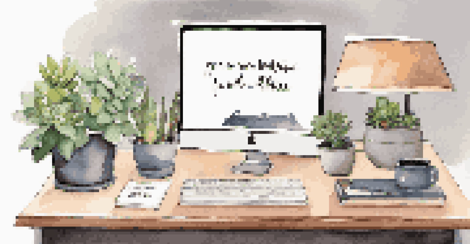 A close-up view of a home office desk with a laptop, desk lamp, stationery, and a framed quote on the wall.