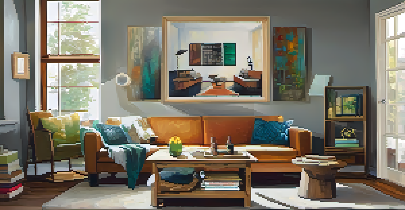 A cozy living room with upcycled furniture, a repurposed wooden coffee table, and vibrant art made from reclaimed materials.