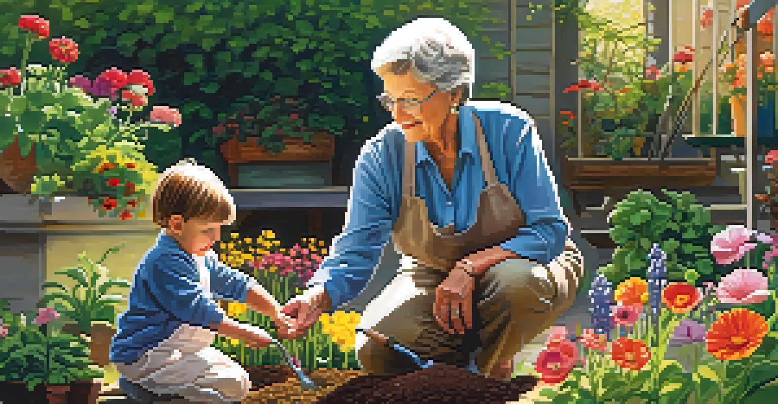 A grandmother teaching her grandchild how to garden in a bright, sunny outdoor setting filled with colorful flowers.