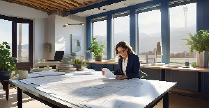 A middle-aged woman architect reviewing blueprints at a modern office desk filled with architectural tools and natural light coming through large windows.