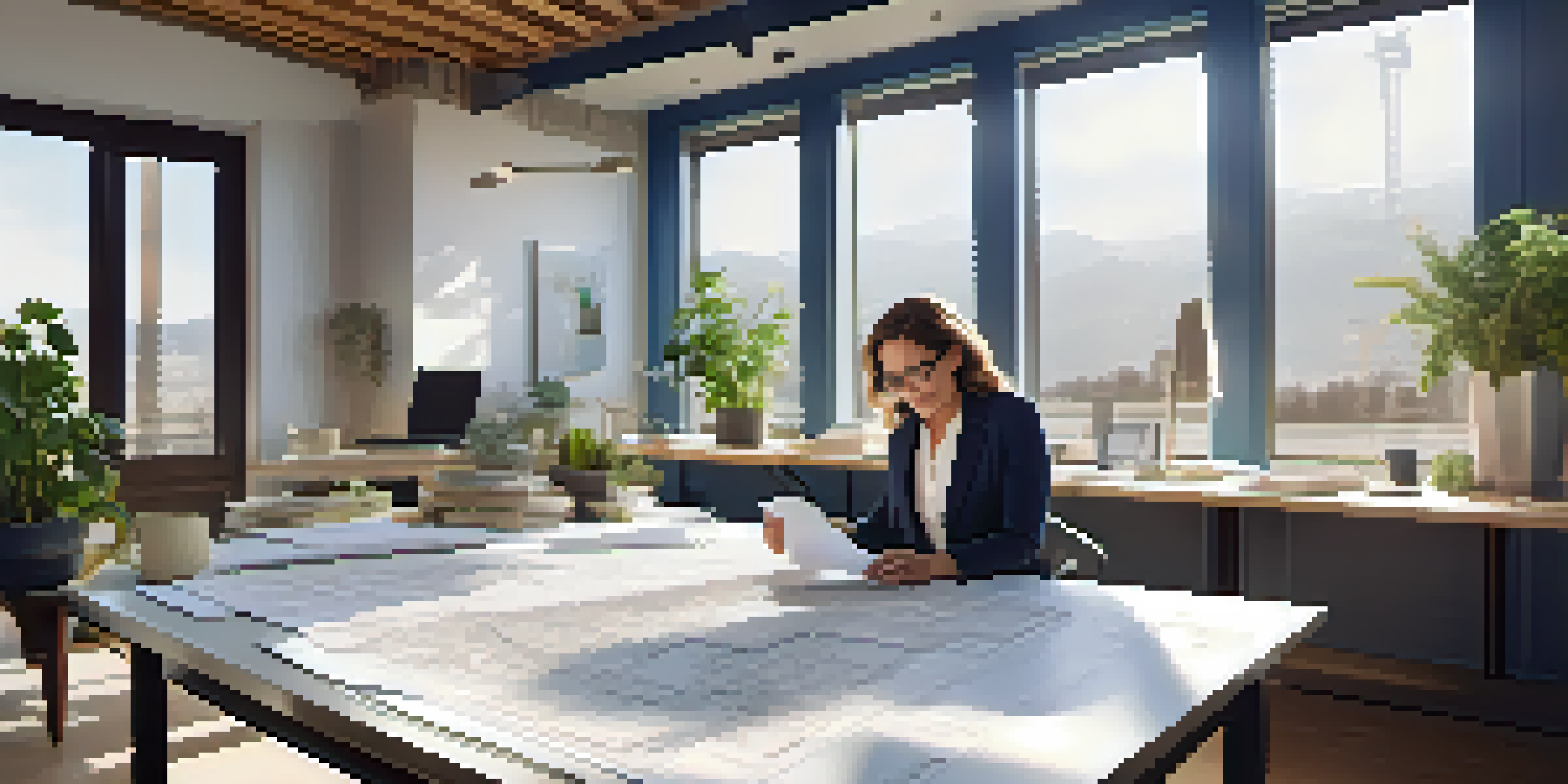 A middle-aged woman architect reviewing blueprints at a modern office desk filled with architectural tools and natural light coming through large windows.