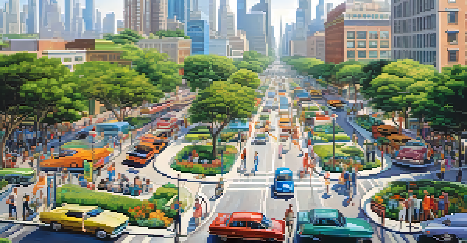 Aerial view of a lively urban area with skyscrapers, parks, and busy streets.