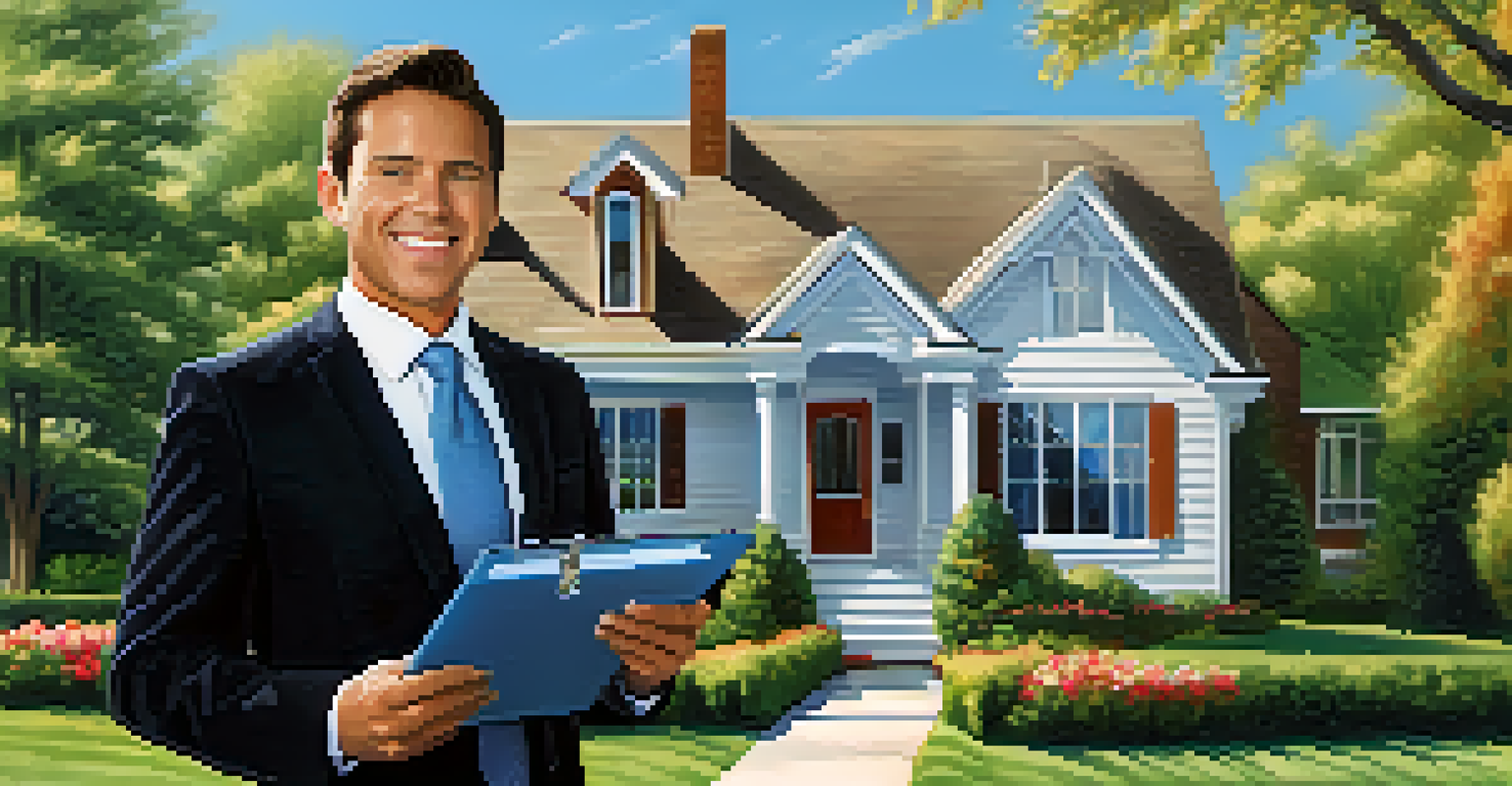 A real estate agent in front of a house for sale, smiling and holding a clipboard.