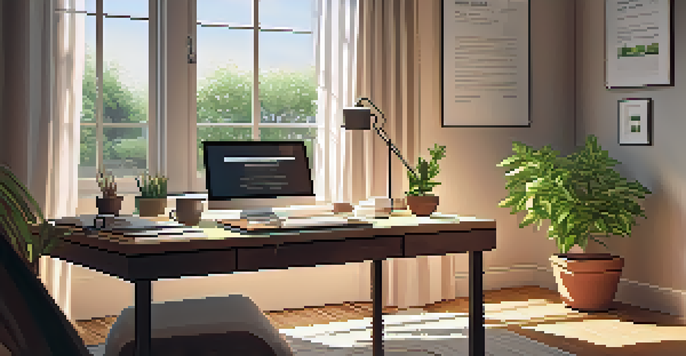 A warm and inviting home office with a desk, laptop, coffee cup, and a plant, illuminated by natural light.