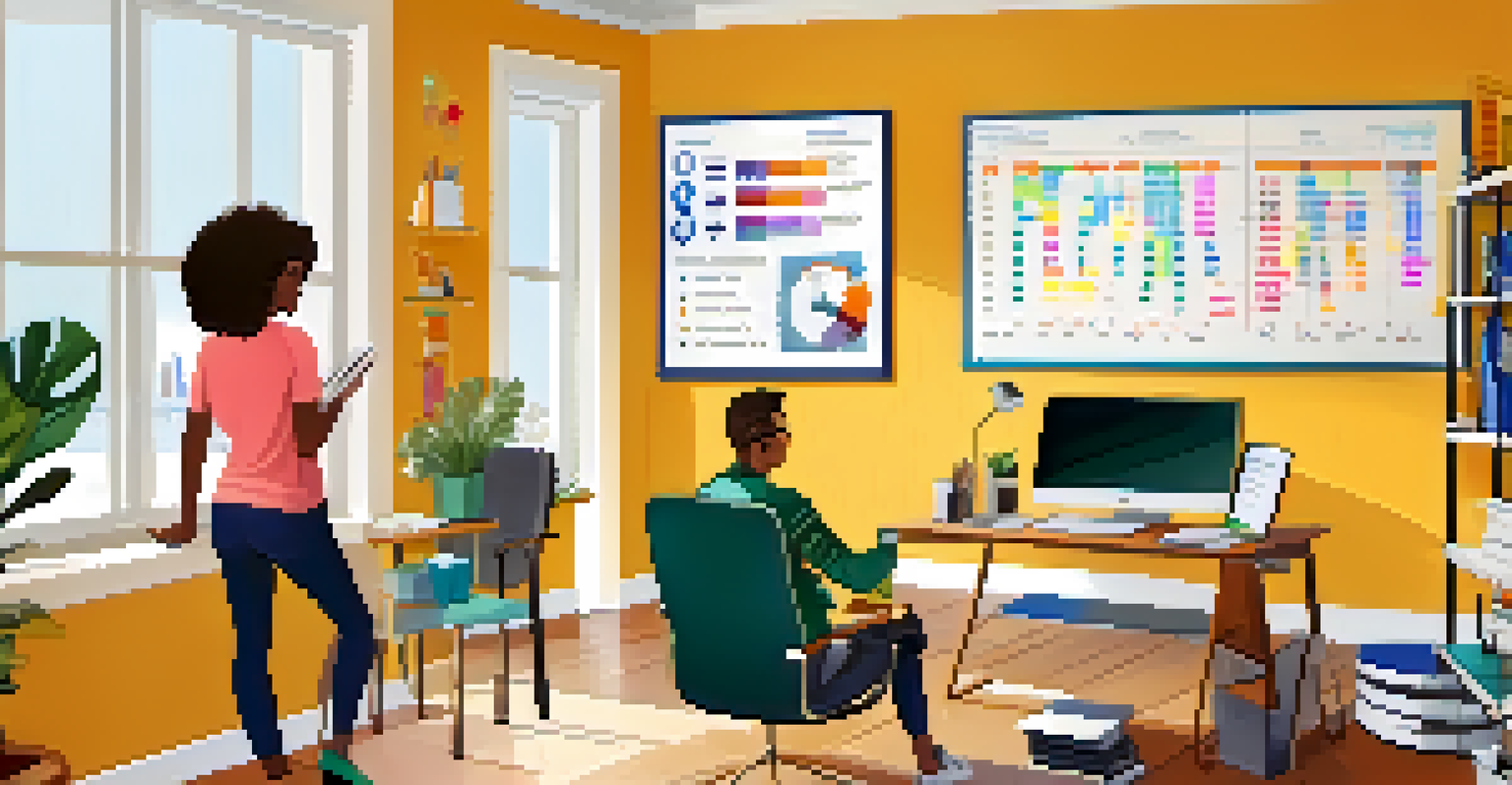 A modern home office with a whiteboard displaying budgeting charts, where family members of various ages collaborate on financial planning.