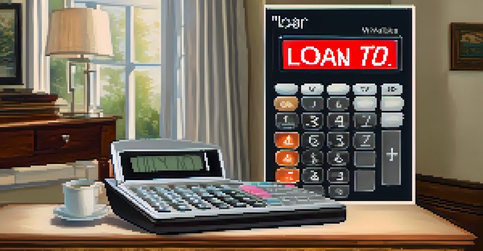 A financial calculator with LTV calculations in a cozy living room with a view of a house for sale.