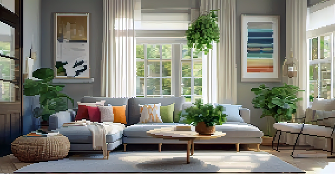 A bright and cozy living room with a modern sofa, colorful pillows, and framed artwork on the walls.