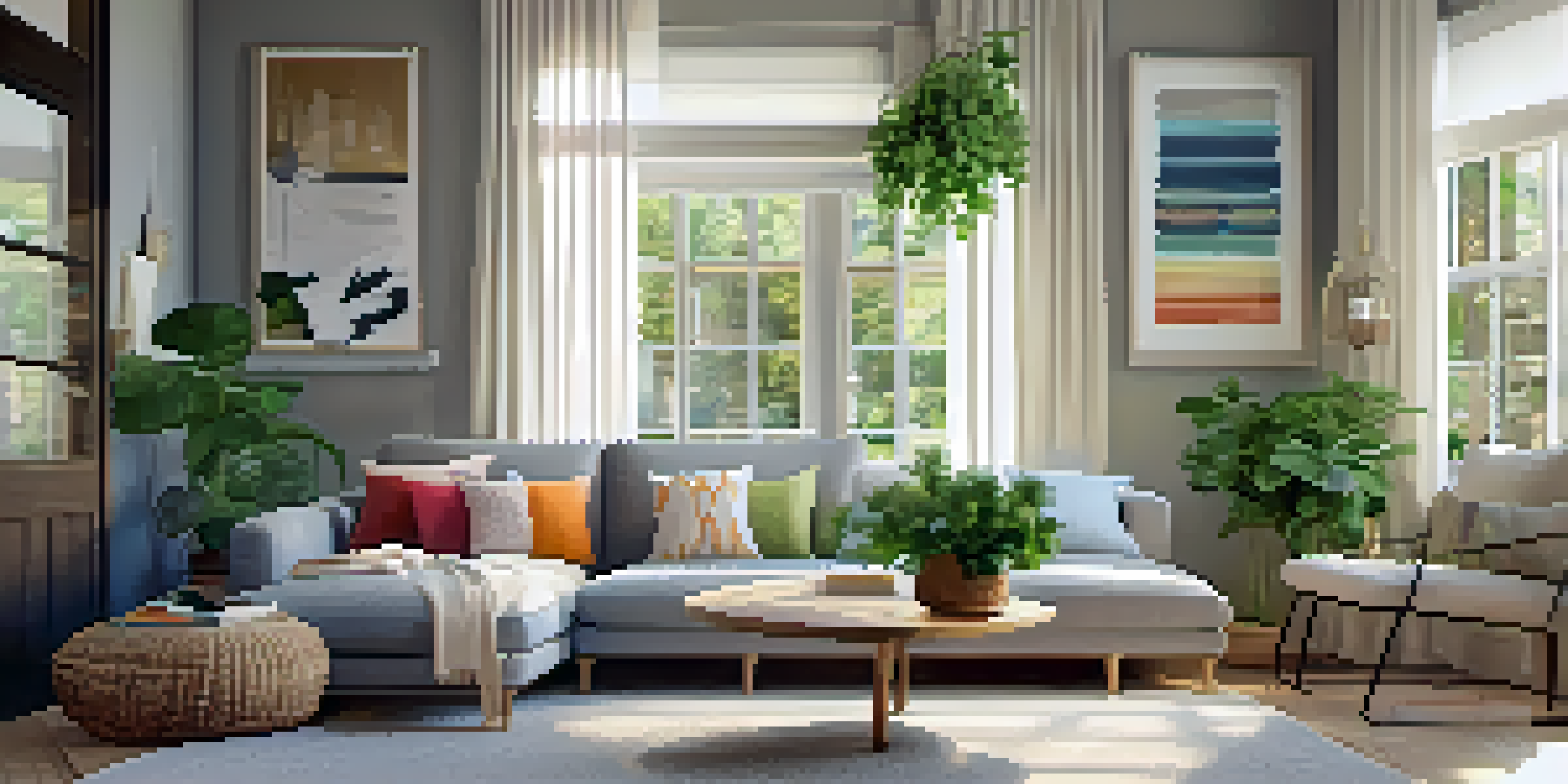 A bright and cozy living room with a modern sofa, colorful pillows, and framed artwork on the walls.