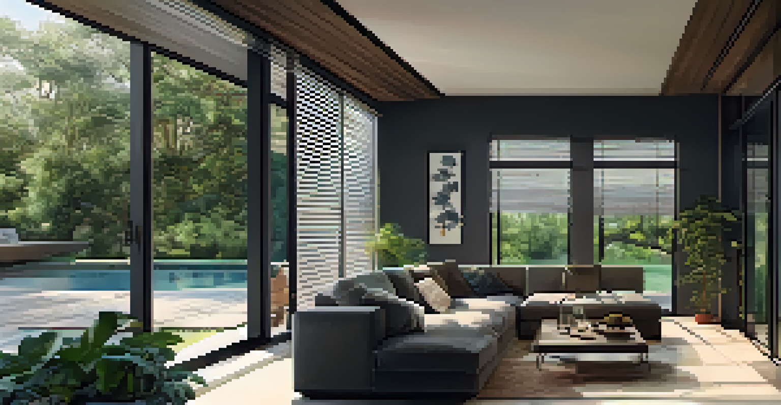 A contemporary home with closed automated blinds during the day, surrounded by greenery, showcasing energy efficiency.