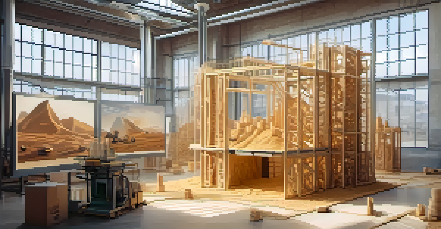 A futuristic construction site with 3D printers creating wall structures from earth materials in natural light.