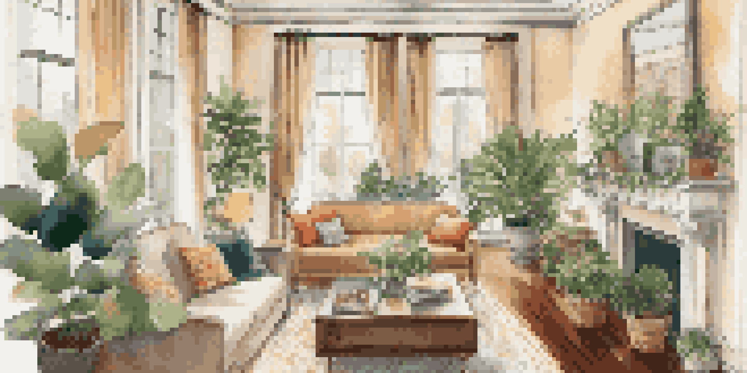 A cozy living room with modern and Victorian architectural features, featuring molding, bay windows, a sectional sofa, and indoor plants.