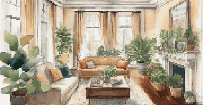 A cozy living room with modern and Victorian architectural features, featuring molding, bay windows, a sectional sofa, and indoor plants.