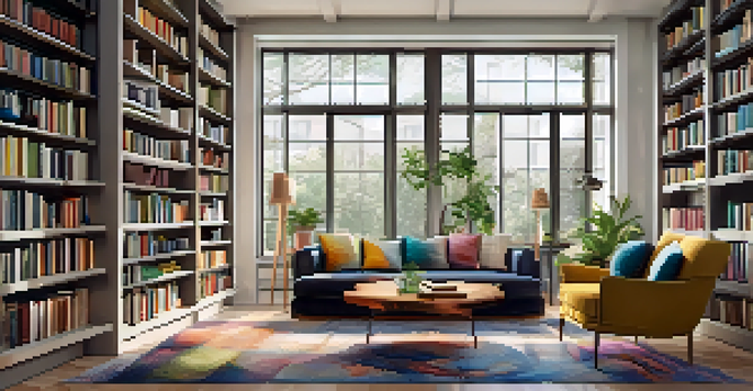 A living room with tall bookshelves, colorful books, and plants, illuminated by natural light and a floor lamp.