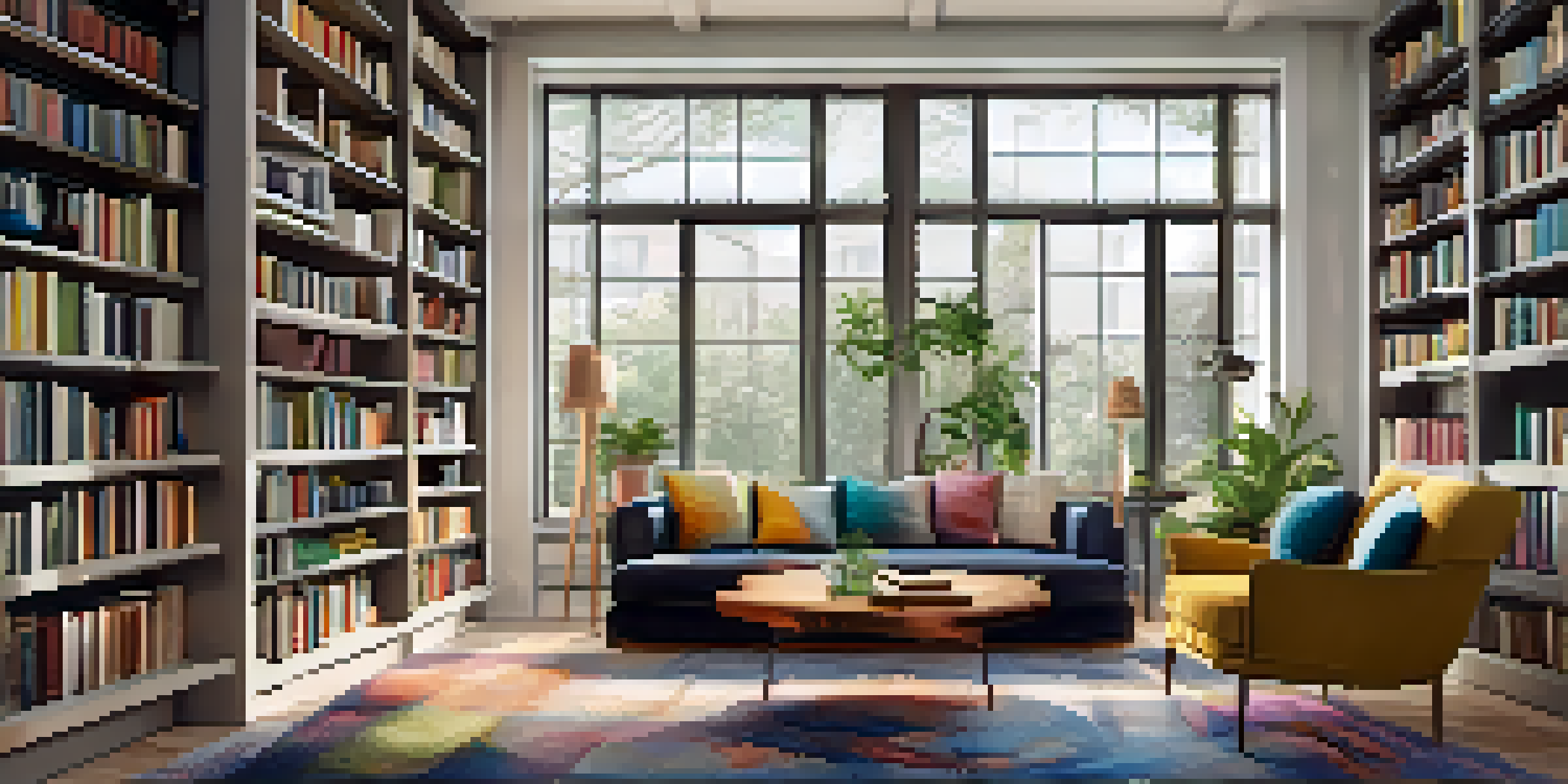 A living room with tall bookshelves, colorful books, and plants, illuminated by natural light and a floor lamp.