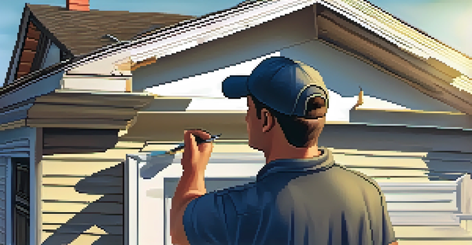 A home inspector closely examining the roof of an older house, with tools and notes visible, under a clear sky.