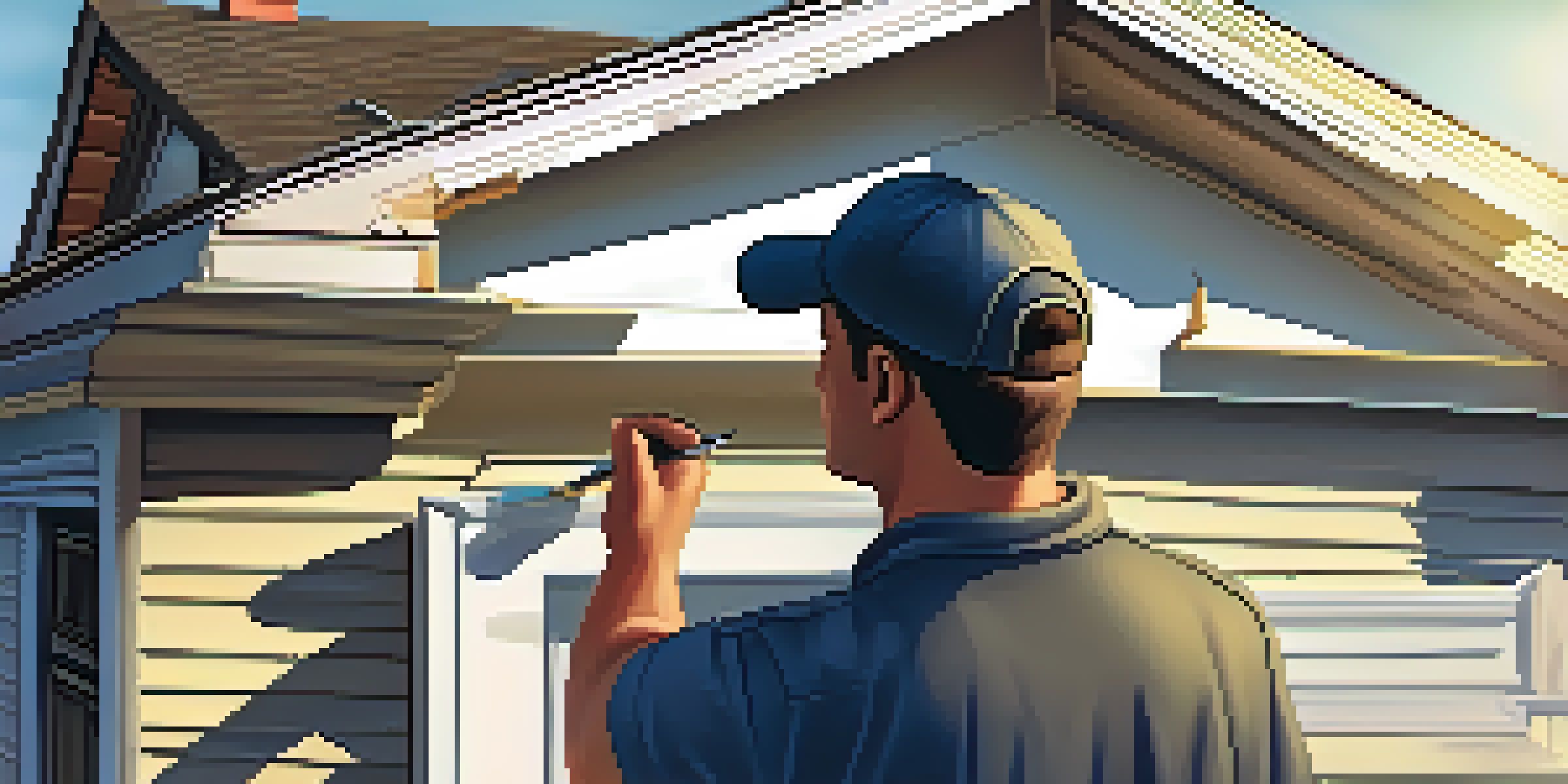 A home inspector closely examining the roof of an older house, with tools and notes visible, under a clear sky.
