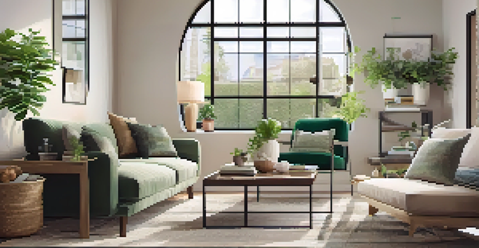 A bright and cozy living room with a large window, modern furniture, and a potted plant.