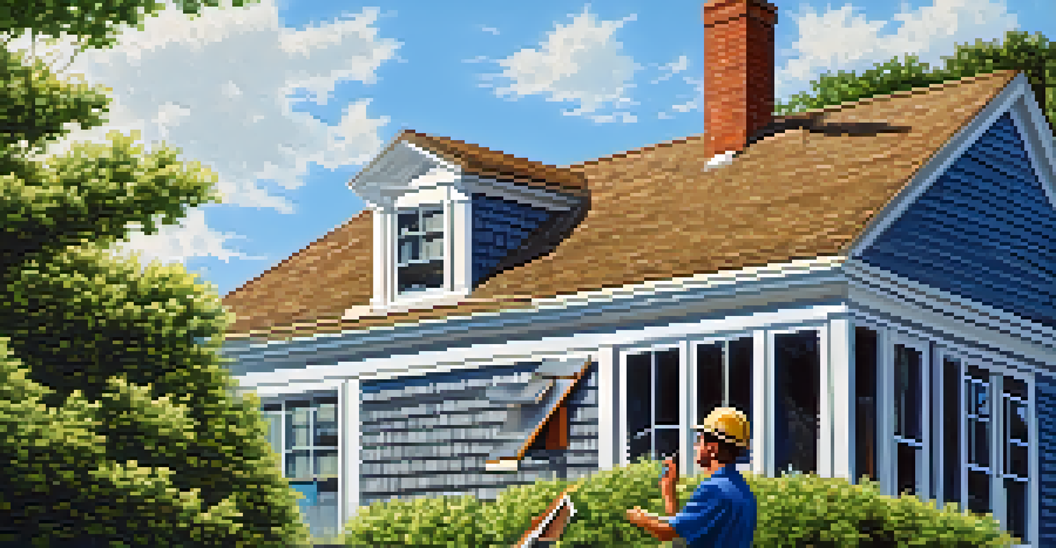 A home inspector on a ladder inspecting the roof of a house, with a clipboard in hand against a clear blue sky.