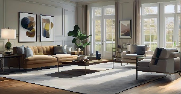A beautifully renovated living room with modern decor, large windows, and warm lighting.