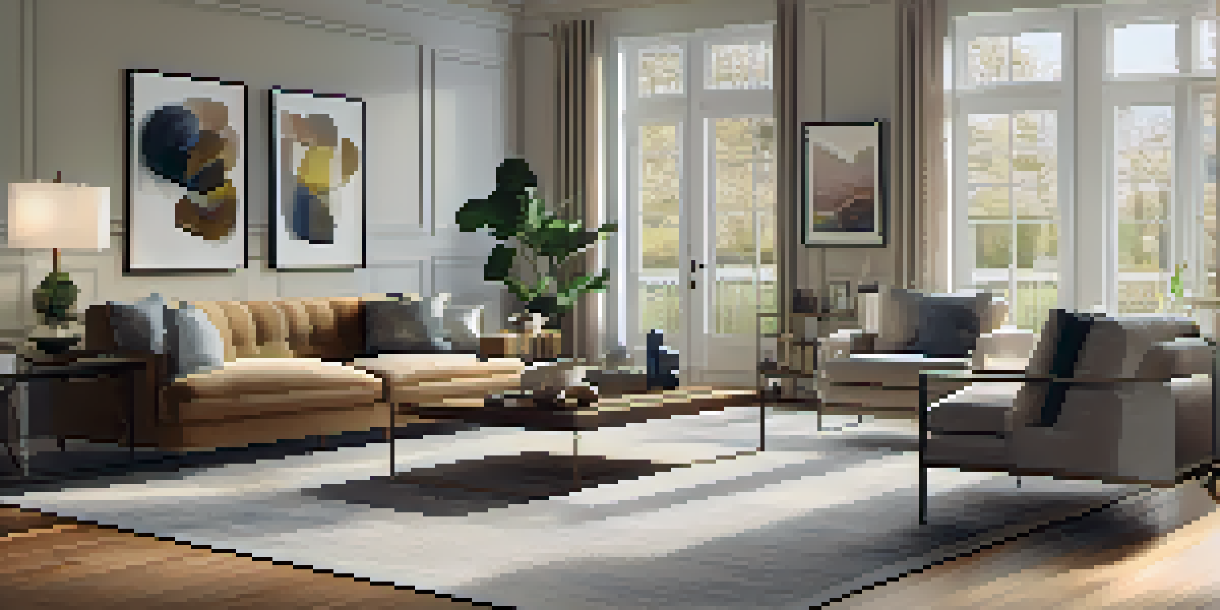 A beautifully renovated living room with modern decor, large windows, and warm lighting.