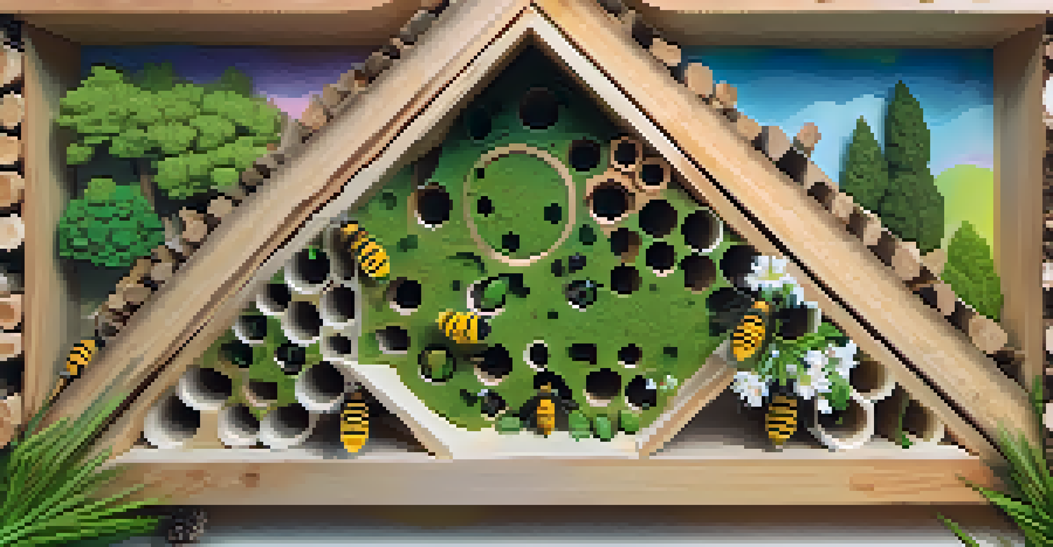 A close-up of a bee hotel with drilled holes, surrounded by flowers and bare soil, under soft sunlight.