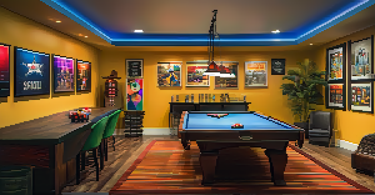 A vibrant game room in a renovated basement with a pool table, dart board, and comfortable seating.