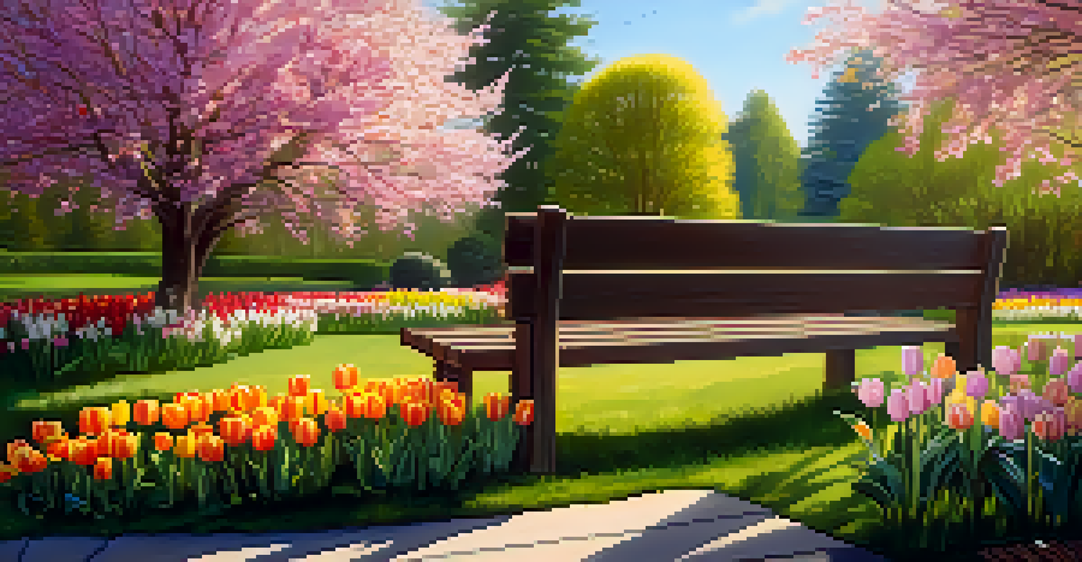 A beautiful spring garden filled with blooming flowers and a sunny atmosphere, featuring a wooden bench on a green lawn.